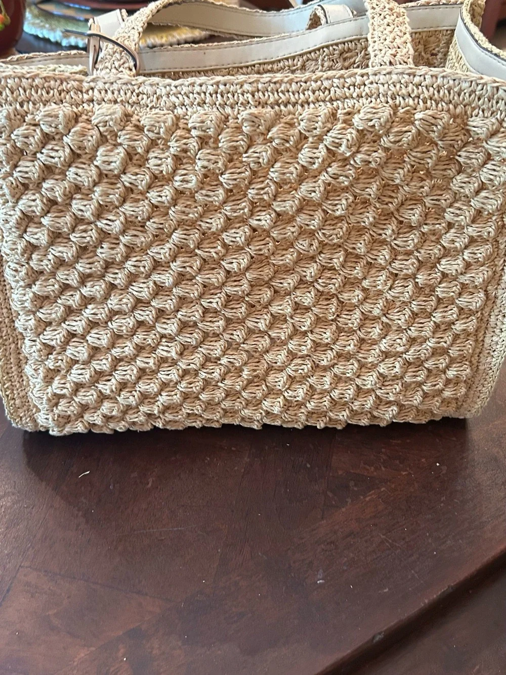 Tory Burch Small. Raffia -Crocheted Popcorn Tote in Natural Beige